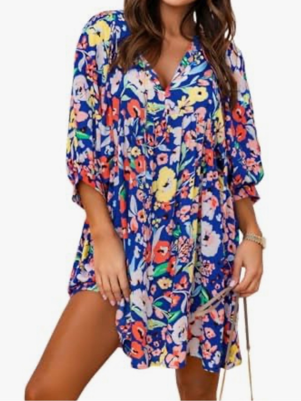 Miduo Dress Womens S Multicolor Floral Balloon Sleeve Empire Waist Mini Swing